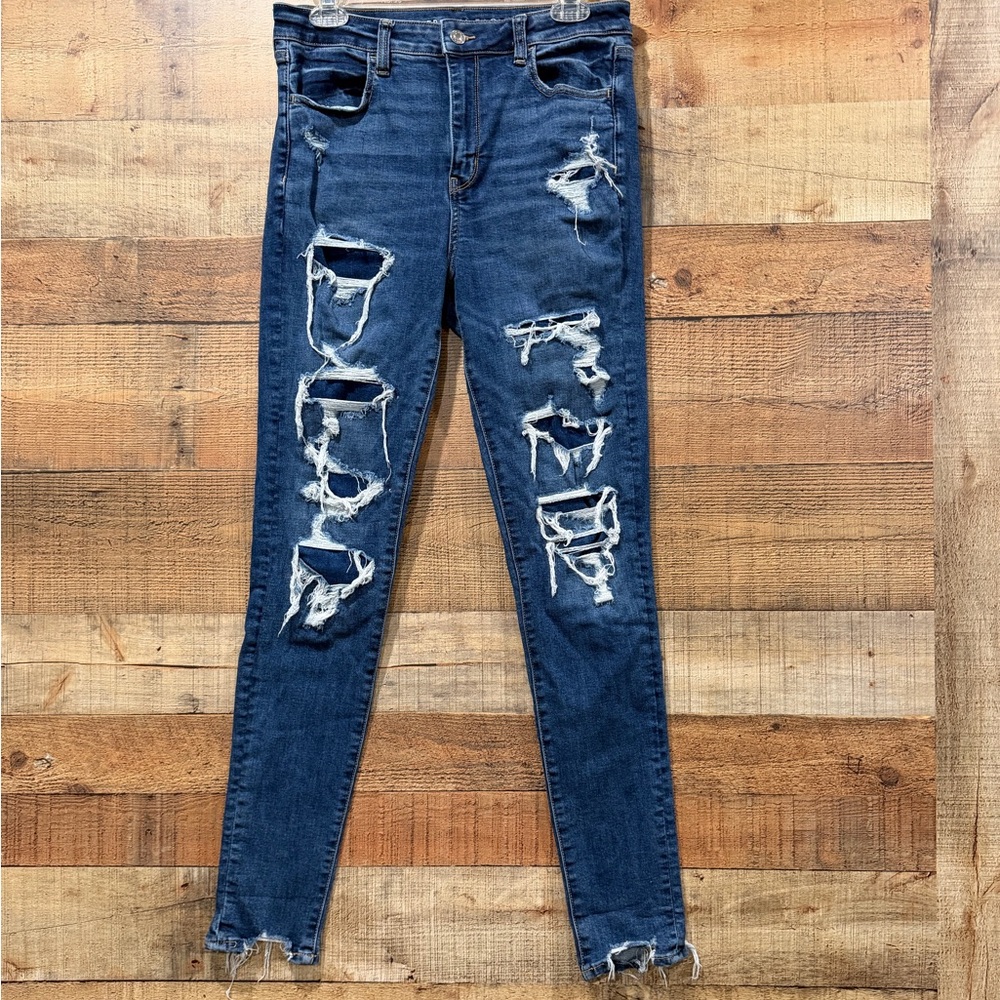 American Eagle Dark Blue Super High Rise Distressed Jeggings Size 10 Long